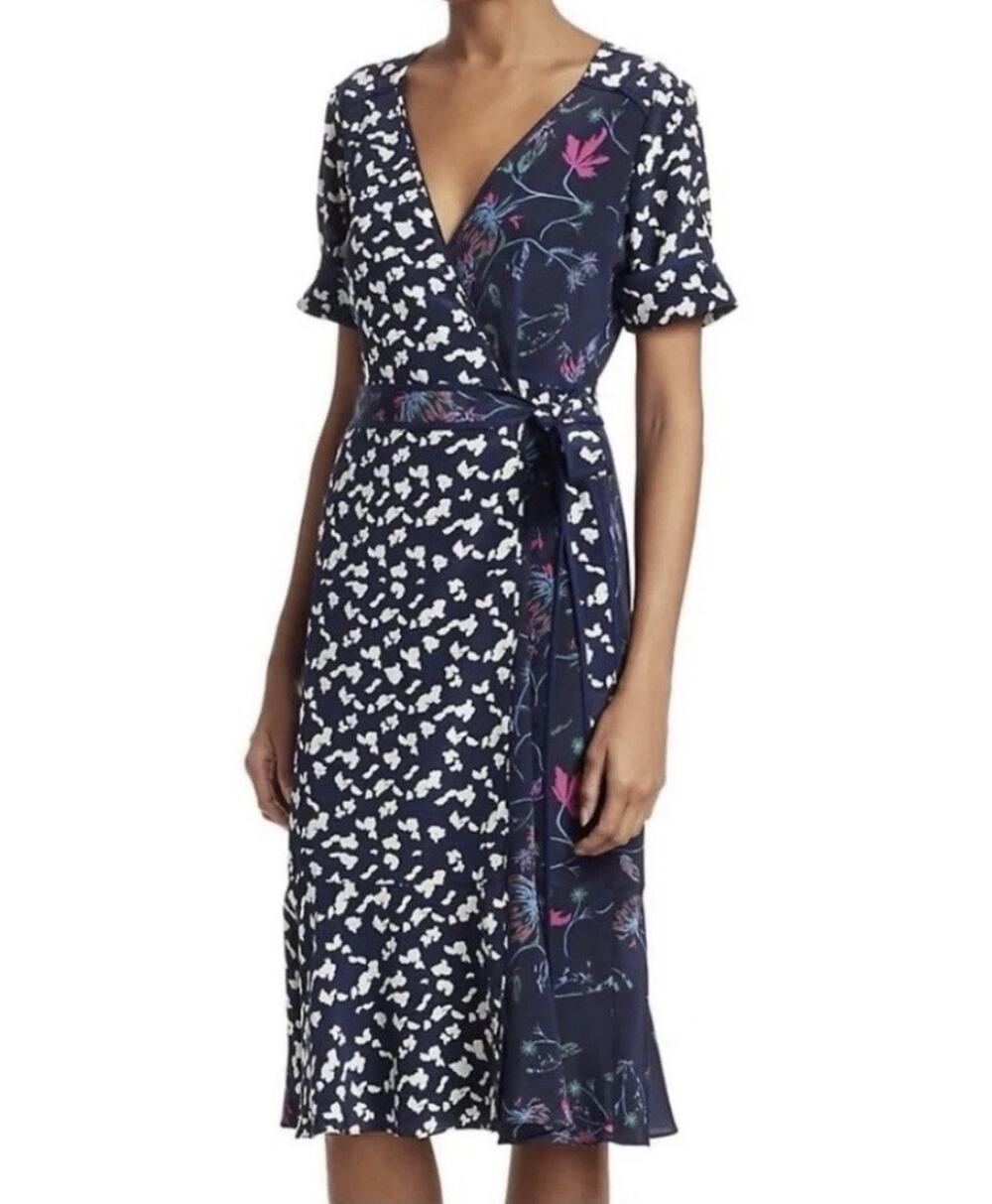 Tanya Taylor Luisa Silk Wrap Midi Dress — 0 Blue Floral Office Party Wedding